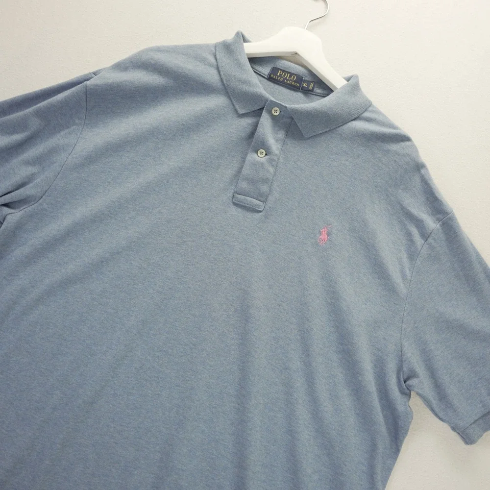 Polo Ralph Lauren Mens XL Blue Heather Short Sleeve Pink Pony Logo Polo Shirt